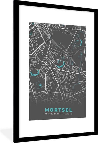 Fotolijst incl. Poster - Stadskaart – Grijs - Kaart – Mortsel – België – Plattegrond - 60x90 cm - Posterlijst
