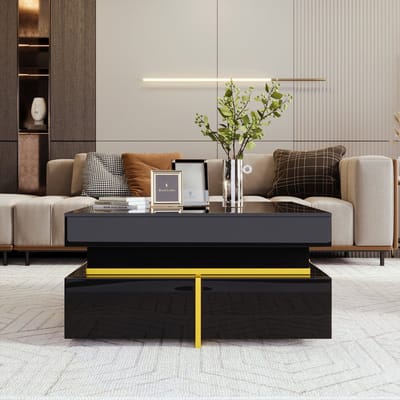 MODFU Salontafel hoogglans wit met lades en gouden accenten, moderne woonkamer tafel