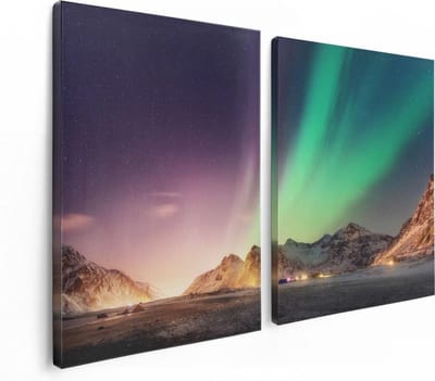 Artaza Canvas Schilderij Tweeluik Noorderlicht in de Bergen met Sneeuw - 120x80 - Foto Op Canvas - Canvas Print