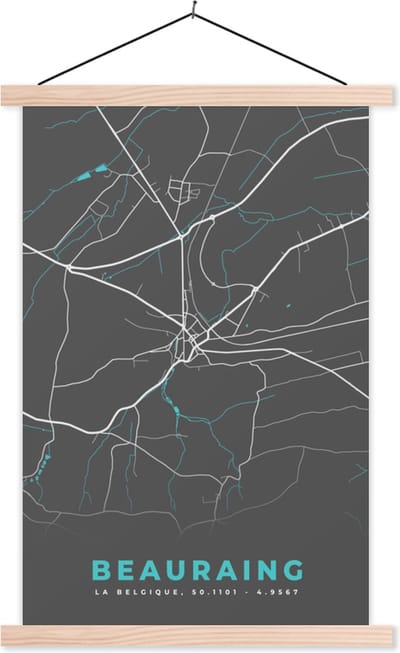 Posterhanger incl. Poster 40x60 cm - Schoolplaat - Kaart – Plattegrond – Stadskaart – Beauraing – België – Grijs - Textielposter - Blanke latten - Stadskaart