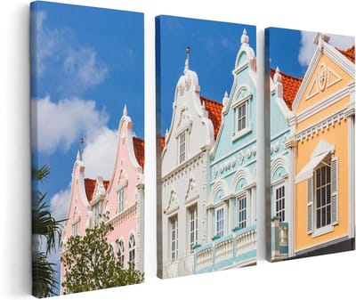 Artaza Canvas Schilderij Drieluik Aruba Kleurrijke Huisjes - Nederlandse Antillen - 120x80 - Foto Op Canvas - Canvas Print