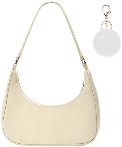 Dailygoody - Schoudertas voor dames - Y2K-stijl - Miniformaat - Wit - Nylon handtas met pomponsleutelhanger - Geschikt voor elke gelegenheid - 27