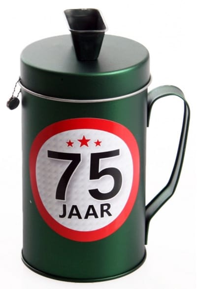 Spaarpot - 75 jaar geworden thema - verjaardag cadeau - Blik met sticker van 9 cm - blik in groen