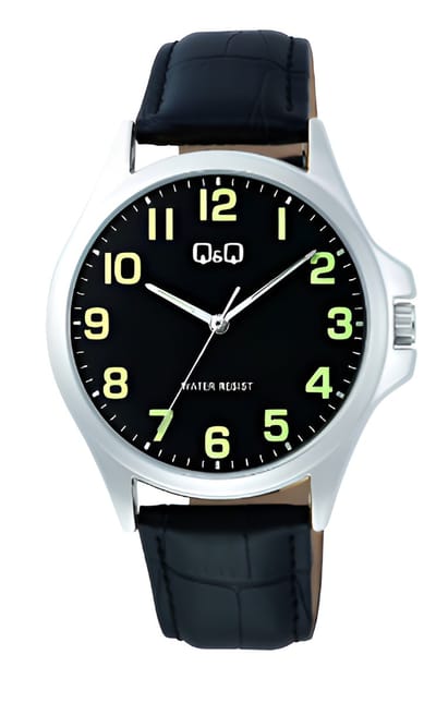 Q&Q C36A-014PY-Horloge-Heren-Zilverkleurig-Duidelijke wijzerplaat-Zwart lederen band