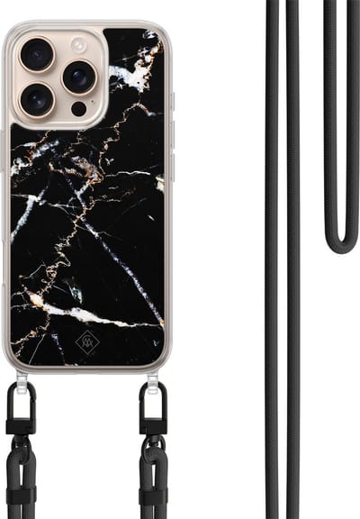 Casimoda® hoesje met koord - Geschikt voor iPhone 16 Pro - Marmer Zwart - Afneembaar koord - TPU/polycarbonaat - Zwart