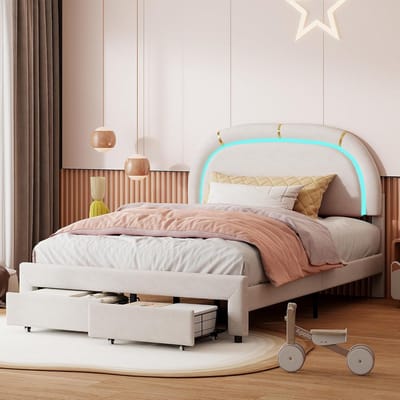 Gestoffeerd Tweepersoons Bed 140x200 cm Wit met LED Verlichting en 2 Opberglades