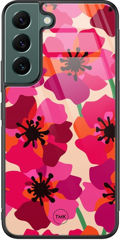 Hoesje geschikt voor Samsung Galaxy S22 - Pink floral bliss - Roze - TPU luxe case (glossy toplaag) - Bloemen - Hardcase backcover zwart