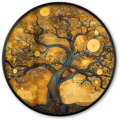 Poster in lijst Rond - Fotolijst 60x60 cm - Posters - Boom - Levensboom - Abstract - Goud - Ronde posterlijst zwart - Decoratie - Wanddecoratie woonkamer - Muurdecoratie slaapkamer