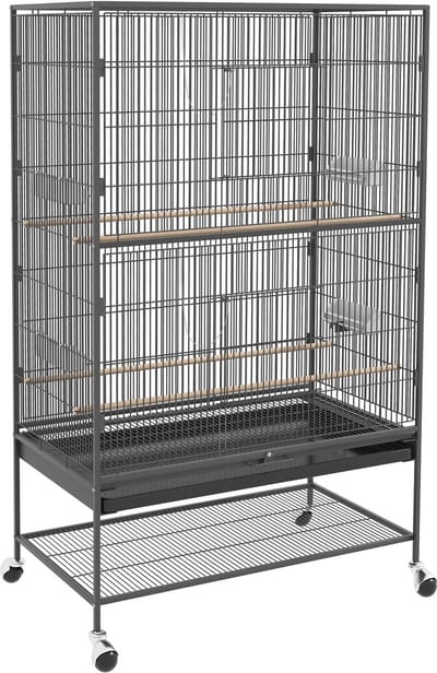 Merax Vogelkooi Grijs met Zitstokken Wieltjes en Opbergruimte Grote Vogelvolière 94x57x153 cm