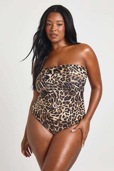boohoo Dames Plus Essentials Bandeau Badpak | Luipaardprint | Maat: 54