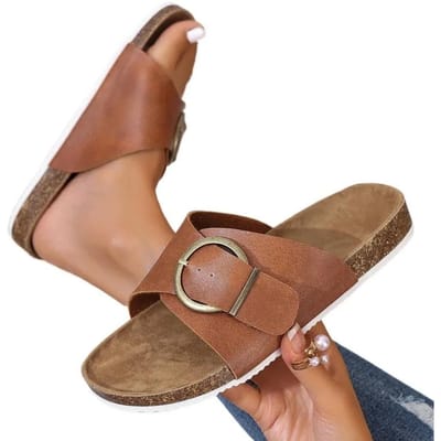 Schoenen voor Dames Mode Zomer Dames Slippers Effen Gesp Decoratie Open Teen Laaggehakt Grote Maat Strand Slippers Dames 43 bruin