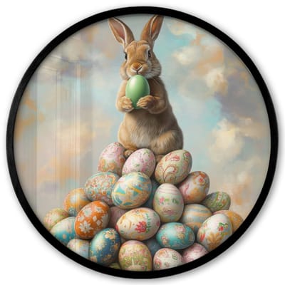Poster in lijst Rond - Fotolijst 40x40 cm - Posters - Konijn - Eieren - Kleurrijk - Ronde posterlijst zwart - Decoratie - Wanddecoratie woonkamer - Muurdecoratie slaapkamer
