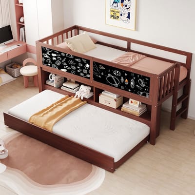 VVBV Huisbed Stapelbed 90x200 cm - USB, Opbergruimte en Trap/Ladder, Uitschuifbed - Massief Hout Bruin - Zonder Matras