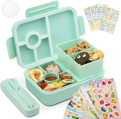 Famanu - Bento Lunchbox, 1300 ml, met 16 stickers, lekvrij, met 4 vakken, bestek voor kinderen en volwassenen, snackbox voor school, kleuterschool, kantoor, groen