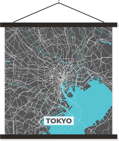Posterhanger incl. Poster 60x60 cm - Schoolplaat - Tokyo - Blauw - Stadskaart - Kaart - Plattegrond - Textielposter - Zwarte latten - Stadskaart