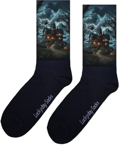 Spookhuis - Valentijns Cadeau - Grappige sokken - Leuke sokken - Hem Haar sokken - Vrolijke sokken - Sint cadeau - Vaderdag - Moederdag - Verjaardag cadeau - Kerst cadeau - Leuk Cadeau - Halloween - Horror - Print sokken - Socks maken Happy - 37-44