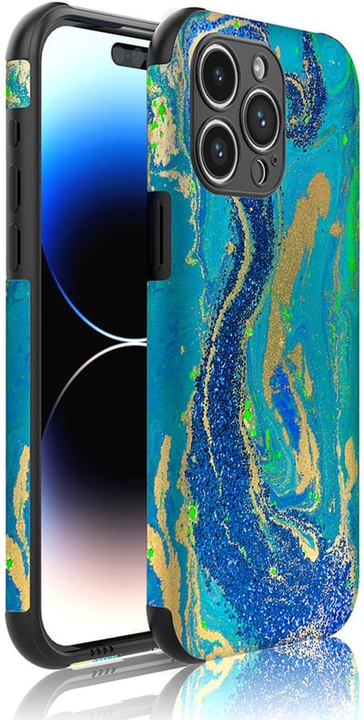 Smartphonica Telefoonhoesje Geschikt voor iPhone 14 Pro Max met Stootrand en Blauw Groen Goud Marmer opdruk - Backcover PhoneCase Blue Green Gold Marble print geschikt voor iPhone 14 Pro Max
