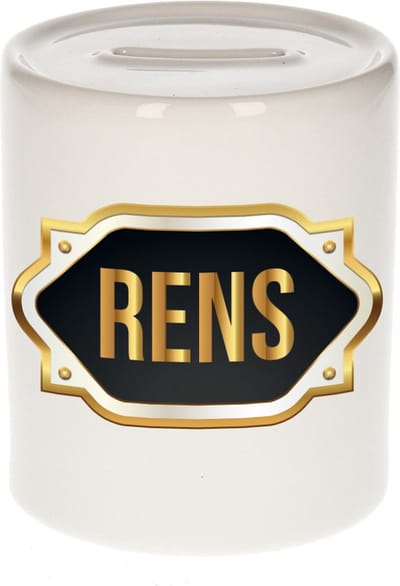 Spaarpot met voornaam Rens - wit - met goud/zwart embleem - 8 x 9 cm - keramiek - met afsluitdop - cadeau verjaardag