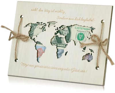 Dailygoods- Geldcadeau Gepersonaliseerd - Huwelijkscadeau - Wereldkaart - Bruiloftskaart - Creatieve Geldgeschenkverpakking - Hoogwaardig Hout
