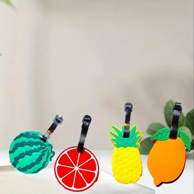Lot de 4 étiquettes de bagages en PVC en forme de fruits, étiquettes d'embarquement pour aliments, étiquettes de bagages, étiquettes d'identification pour boîte de voyage gray