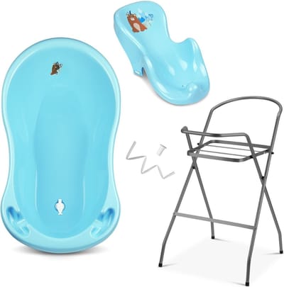 SAVI® Baby badje met standaard - Baby badje - Babybadje met standaard - Polypropyleen - Blauw beer - 86cm x 27cm x 86cm