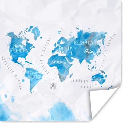 Poster 30x30 cm - Waterverf - Wereldkaart - Blauw - Posters - Kamer decoratie - Wanddecoratie woonkamer - Muurdecoratie slaapkamer