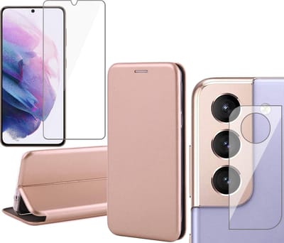 Hoesje geschikt voor Samsung Galaxy S21 FE - Book Case Kunstlederen Wallet Cover Minimalistisch Pasjeshouder Hoes Roségoud - Tempered Glass Screenprotector - Camera Lens Protector