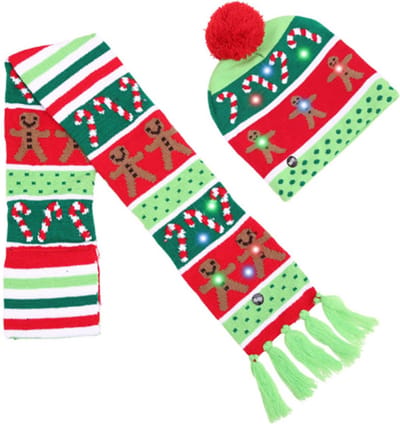 Lichtgevende Kerstmuts En Sjaal Met Lichtjes - Groen / Rood