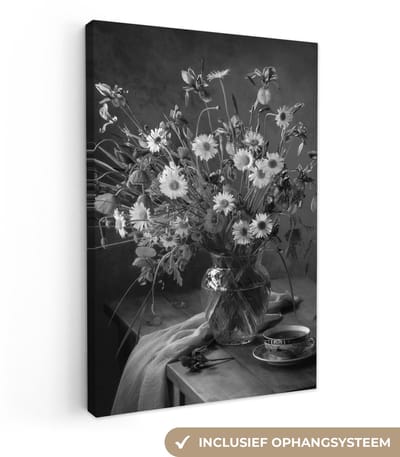 Canvas schilderij 20x30 cm - Wanddecoratie Boeket - Bloemen - Olieverf - Stilleven - Zwart - Wit - Muurdecoratie woonkamer - Slaapkamer decoratie - Kamer accessoires - Schilderijen op canvas