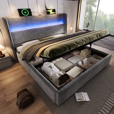 Gutent-Gestoffeerd bed 140x200cm-tweepersoonsbed met LED-verlichting-opbergruimte en USB/Type-C-aansluitingen-linnen-grijs-zonder matras