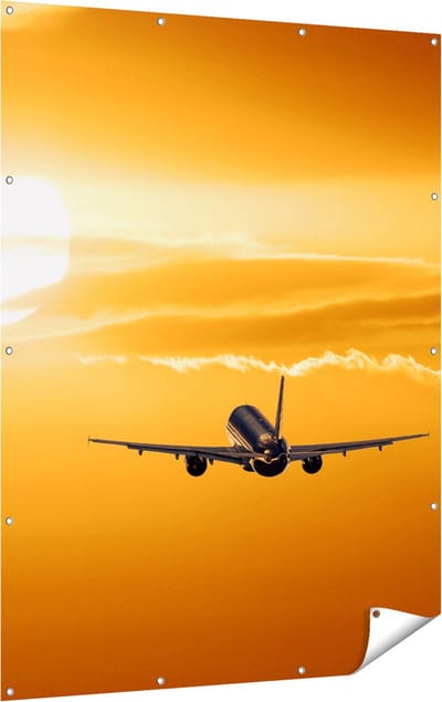 Gards Tuinposter Vliegtuig bij Zonsondergang - 120x160 cm - Tuindoek - Tuindecoratie - Wanddecoratie buiten - Tuinschilderij