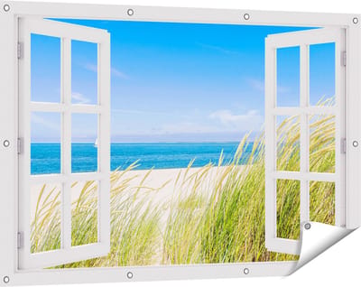 Gards Tuinposter Doorkijk Strand en Zee met een Zeilboot - 120x80 cm - Tuindoek - Tuindecoratie - Wanddecoratie buiten - Tuinschilderij