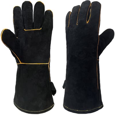 Oneay BBQ-handschoenen van rundleer, geschikt voor lassers en voor gebruik buitenshuis in ovens, magnetrons en open haarden. Snijbestendig, warmte-isolerend en hittebestendig.