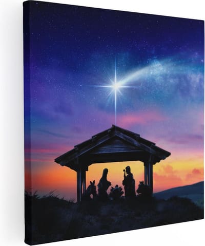 Artaza Canvas Schilderij Geboorte Jezus - 30x30 cm - Klein - Christelijke Muurdecoratie - Wanddecoratie Zonsondergang - Kamer Accessoires