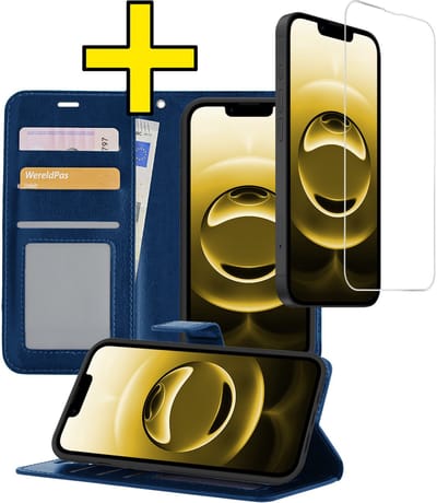 Hoesje - Met Screenprotector - Geschikt voor Apple iPhone 16e - Luxe Pasjeshouder - Bookcase Portemonee - Flip Case - Kunstleer Book Case - Flipcase - Book Cover - Walletcase - Portemonneehoes - Telefoonhoesjes - Donkerblauw