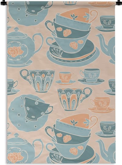Wandkleed - Wanddoek - Patronen - Vintage - Kopje - Thee - 60x90 cm - Wandtapijt