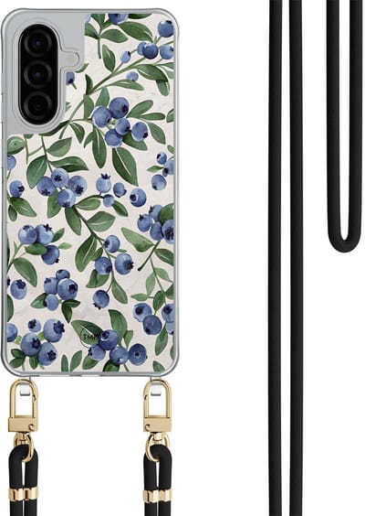 Telefoonhoesje met koord geschikt voor Samsung A36 - Blueberries - Inclusief Zwart koord - Transparant, Blauw - Print - Crossbody beschermhoes - Met Telefoonketting