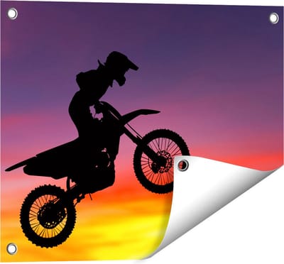 Gards Tuinposter Silhouet van een Motorcross in de Lucht - 50x40 cm - Tuindoek - Tuindecoratie - Wanddecoratie buiten - Tuinschilderij
