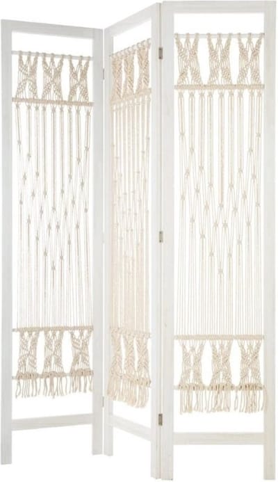 Wit hout en macrame scherm 170 cm - Coton|Polyester|Paulownia - Wit - SILUMEN