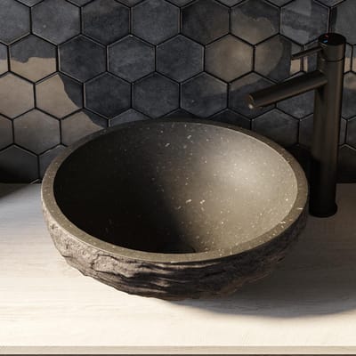 Brauer Molten Waskom - Rond - 42 cm - Natuursteen Basalt - Hamerslag - Antraciet