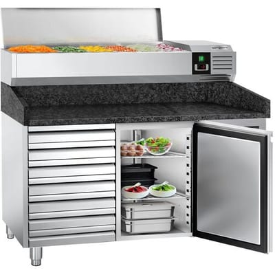 GGM Gastro Pizzakühltisch PREMIUM - 1500x800mm - mit 1 Tür & 7 Schubladen - inkl. Kühlaufsatzvitrine - 6x GN 1/3 Zilver