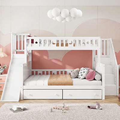VVBV Stapelbed 200/140x200 cm + 90x200 cm met Voor Kinderen/Tieners, Glijbaan - Lattenbodem, Planken - Massief Hout Wit