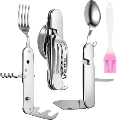 6-in-1 Vouw Bestekset voor Kamperen, RVS Multifunctioneel Bestek met Mes, Vork en Oliekwast, Ideaal voor Hiking en Picknicken