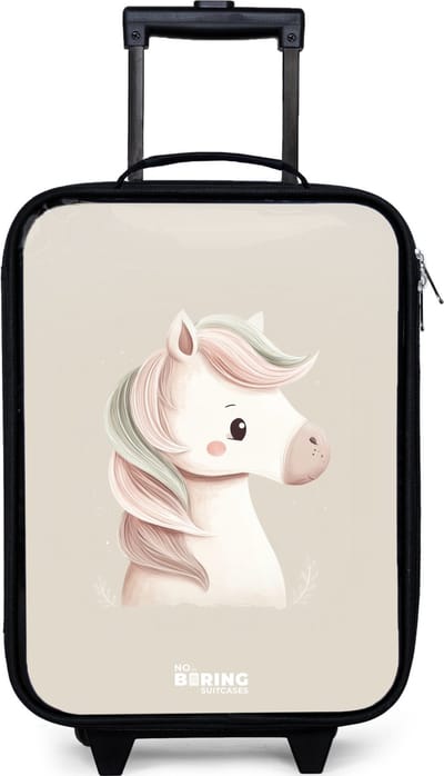 NoBoringSuitcases.com® - Kinderkoffer jongen - Kindertrolley meisje - Pony in roze pastel kleuren - Koffer kind lichtgewicht - Reiskoffer trolley voor kinderen - Koffertje met lichtgevende wieltjes - Rolkoffer zwart