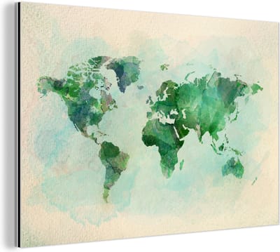 Aluminium schilderij 180x120 cm - Wanddecoratie metaal - Wereldkaart - Waterverf - Groen - Metalen muurdecoratie woonkamer - Decoratie industrieel - Foto op dibond - Industriële accessoires slaapkamer