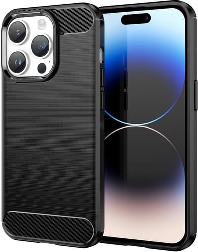 Cadorabo Hoesje geschikt voor Apple iPhone 14 PRO MAX in Brushed Zwart - Beschermhoes van flexibel TPU siliconen in roestvrij staal-carbonvezel look Case Cover