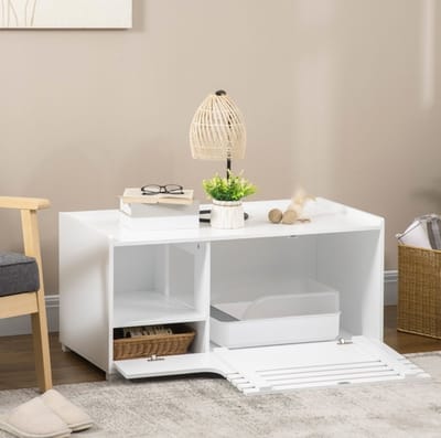 MIVRAY Kattenbakcontainer - 2-In-1 Kattenkast Met Magnetische Deur En 2 Planken - Opbergruimte Voor Woonkamer - Hout - 90x48x43,5 Cm - Wit