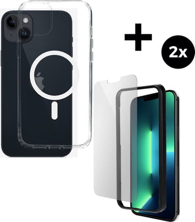 Mobiparts Hardcover MagSafe hoesje geschikt voor Apple iPhone 14 Plus - MagSafe - met 2 Screenprotectors van Gehard Glas - Transparant