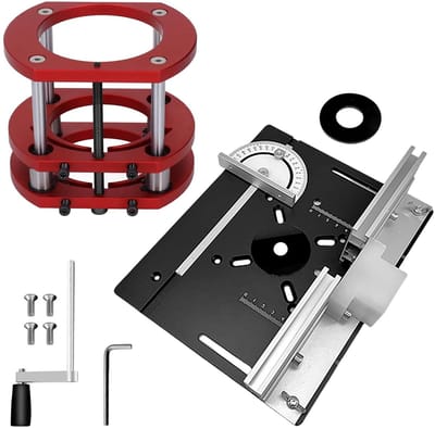 Verhoogde Plaat voor Houtfrezen met Pedestal - Zwart Aluminium Freesmachine voor Werkbank en Rode Hefbasis voor Freestafels van 64-66mm Diameter, Precisie en Stabiliteit