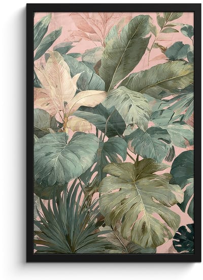 Poster in lijst - Fotolijst 40x60 cm - Posters - Compositie van bladeren - Groen - Roze - Posterlijst zwart - Decoratie - Wanddecoratie woonkamer - Muurdecoratie slaapkamer